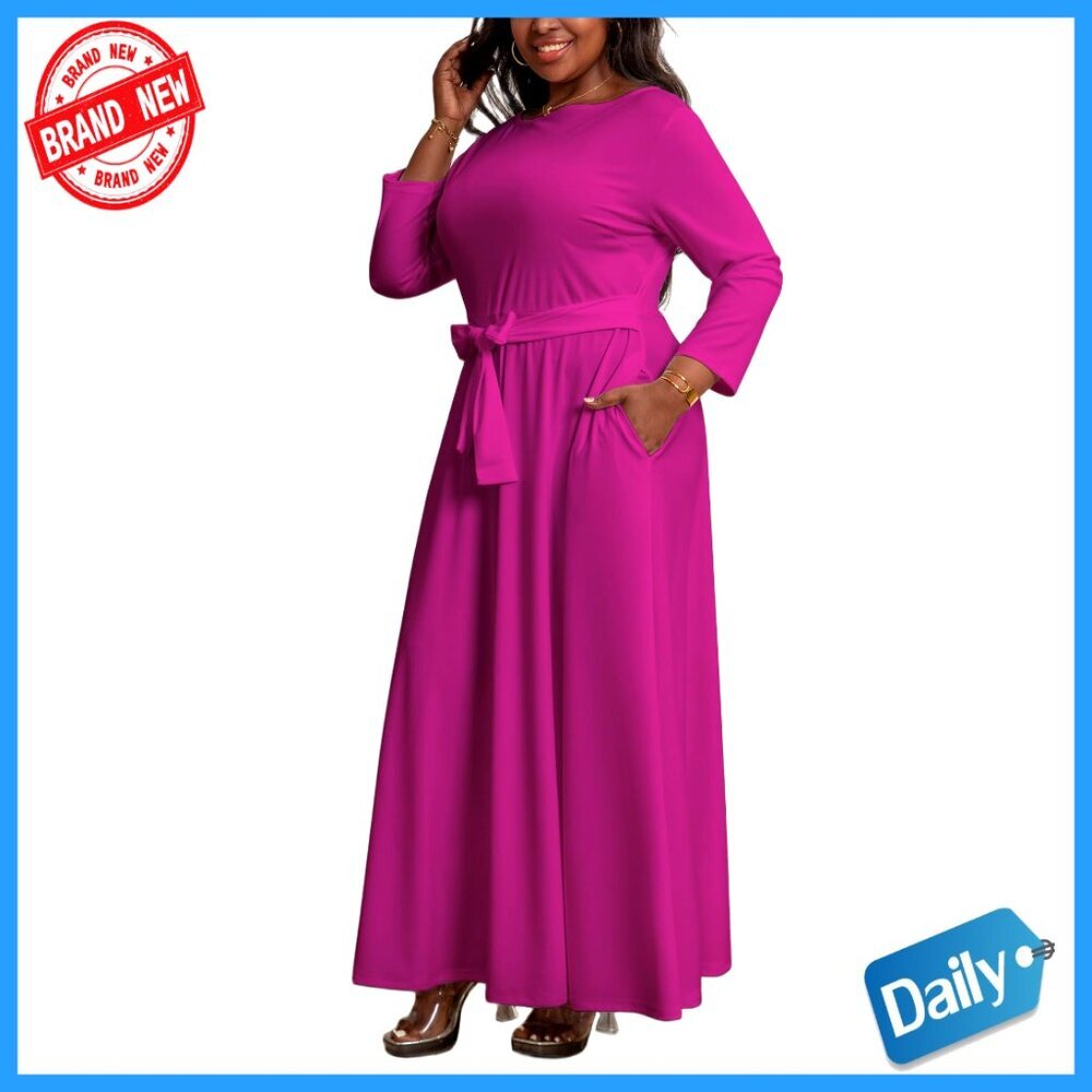Plus Size Maxi Dress 3/4 Sleeve Stretchy Gown with Pockets Elegant Modest